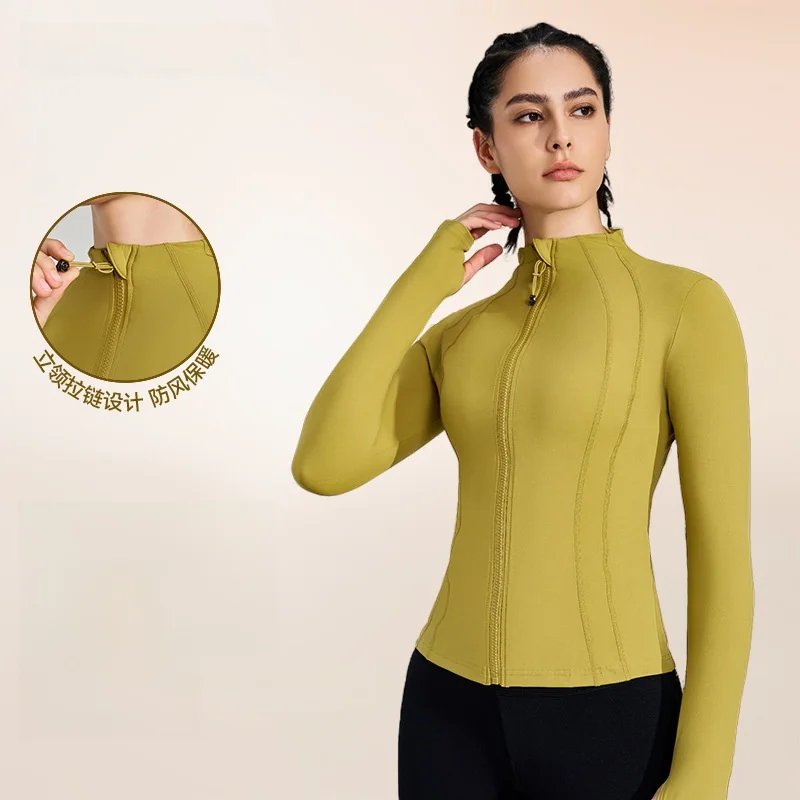 

Женская приталенная куртка для йоги на молнии с длинным рукавом для фитнеса на открытом воздухе, топ для бега с вертикальным воротником, осенне-зимняя спортивная верхняя одежда