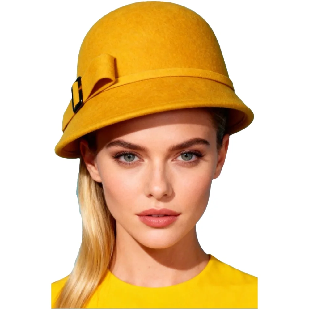 FS Damski czarny wełniany filcowy kapelusz typu Bucket z kokardą i szerokim rondem Fedoras Damskie żółte kapelusze Floppy Derby — zdjęcie 2