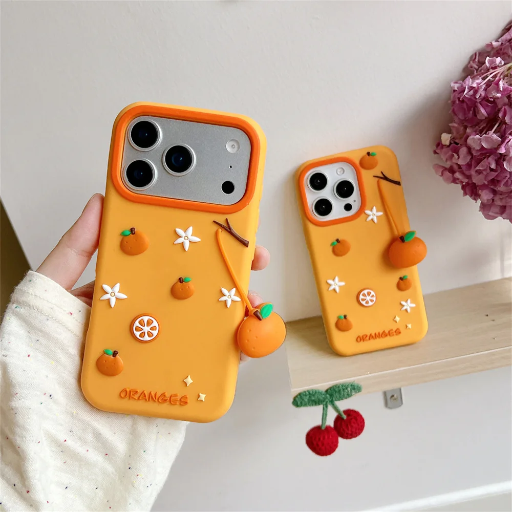 Summer Fresh Vibrant 3D Orange Charm Phone Case for 17 Pro Max Fruit Pendant Soft Silicone Protective Cover for iPhone 16 15 14