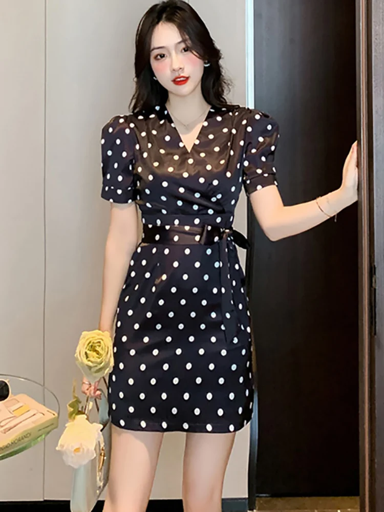 2024 Black Polka Dot Chic Satin Luxury Long Dress Elegant Women's Dresses for Party Summer Short Sleeve Bow Bodycon Prom Clothes