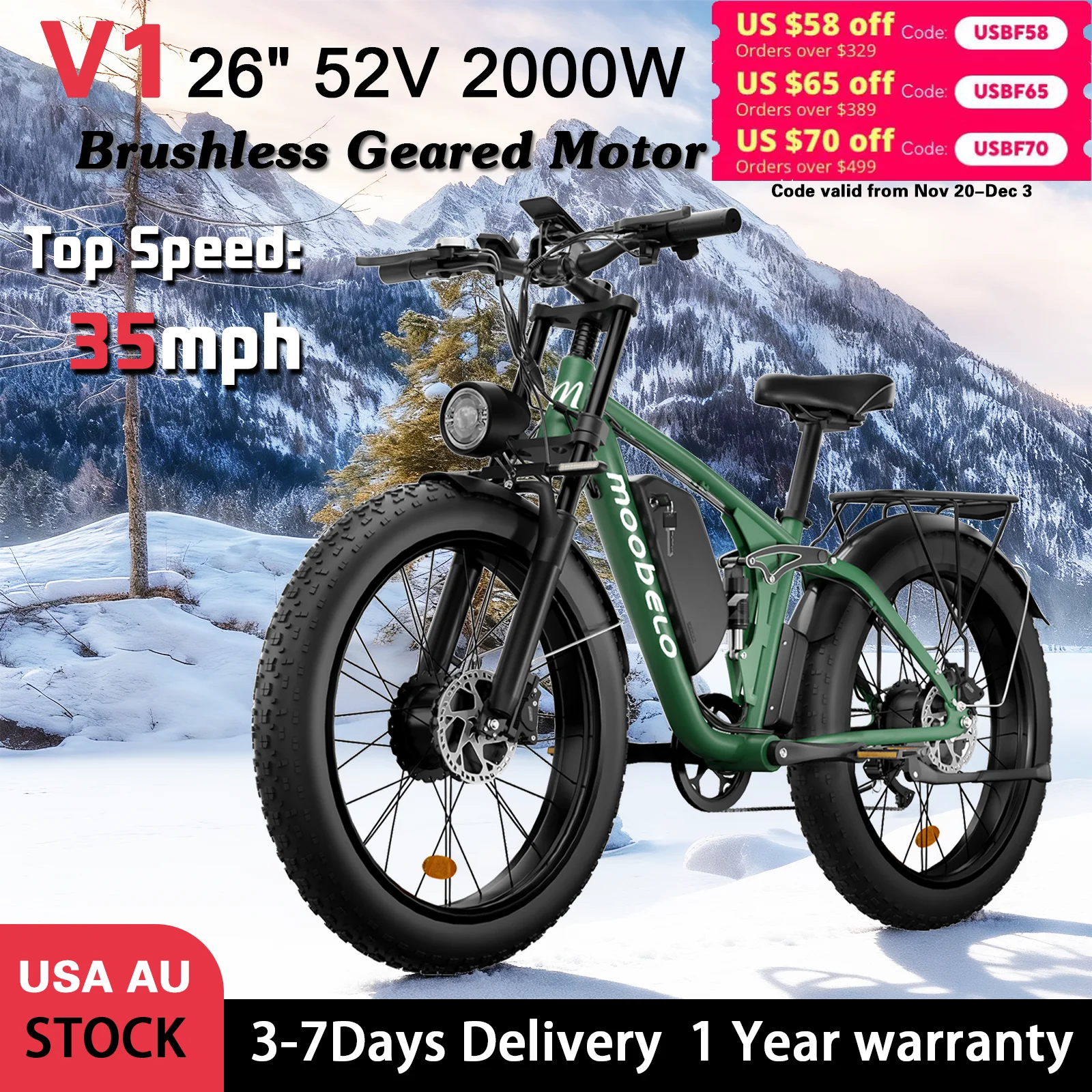 

2000W Electric Bike Adult 52V 22.4AH 68 Miles Long Range 35mph Fast 7 Speed Full Suspension 26" Waterproof US Delivery EBike