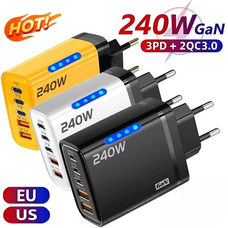 240W 5 in 1 GaN USB C Charger Type C Fast Charging Charger Power Adapter for iPhone Samsung Xiaomi PD USB Mobile Phone Charger