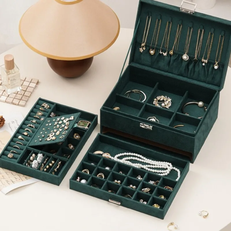 Lockable Velvet Jewelry Case, 3-Layer Drawer Ring Organizer, Necklace Bracelet Earring Storage Box for Women