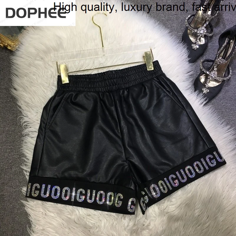 

Hot Blingbling Letters Drilling Women 2023 New Autumn Fashion Elastic High Waist Wide Leg PU Leather Boot Shorts