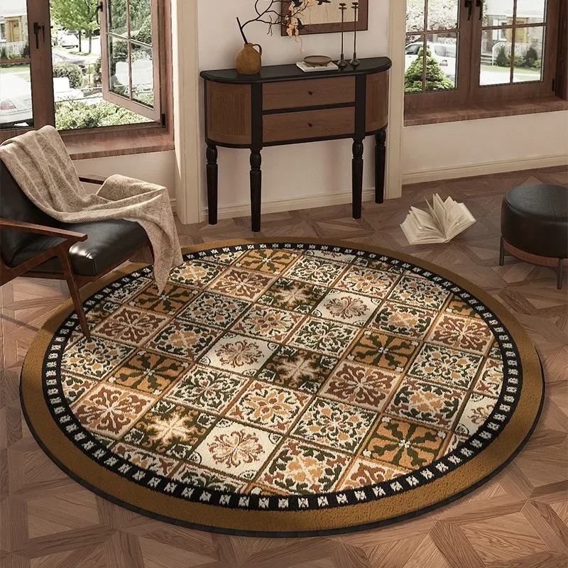 Vintage Floral & Bird Round Rug – Brown Black Retro Non-Slip Carpet for Living Room, Study & Home Decor