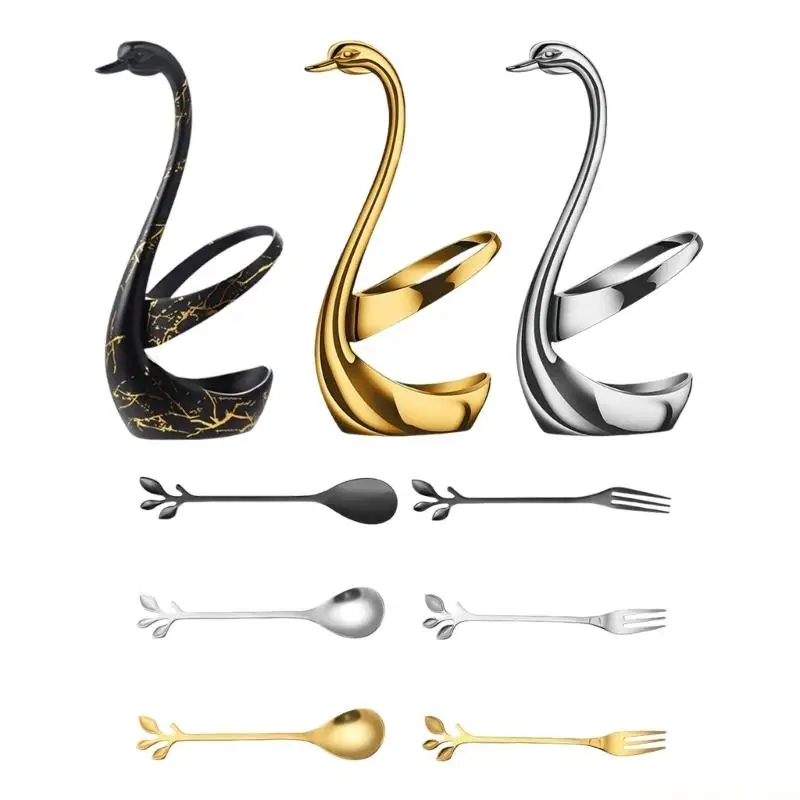 QX2E 1 Set Stainless Steel Tea Spoon And Snacks Fork Pack Feature Cygnet Design For Home And Restaurant Use