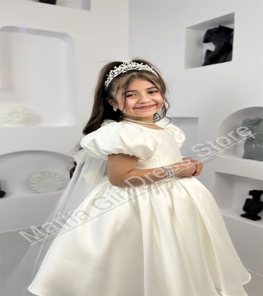 Elegant Ivory Satin Girl Princess Birthday Dress with Puff Short Sleeves First Communion Dress Suitable for Events Photography