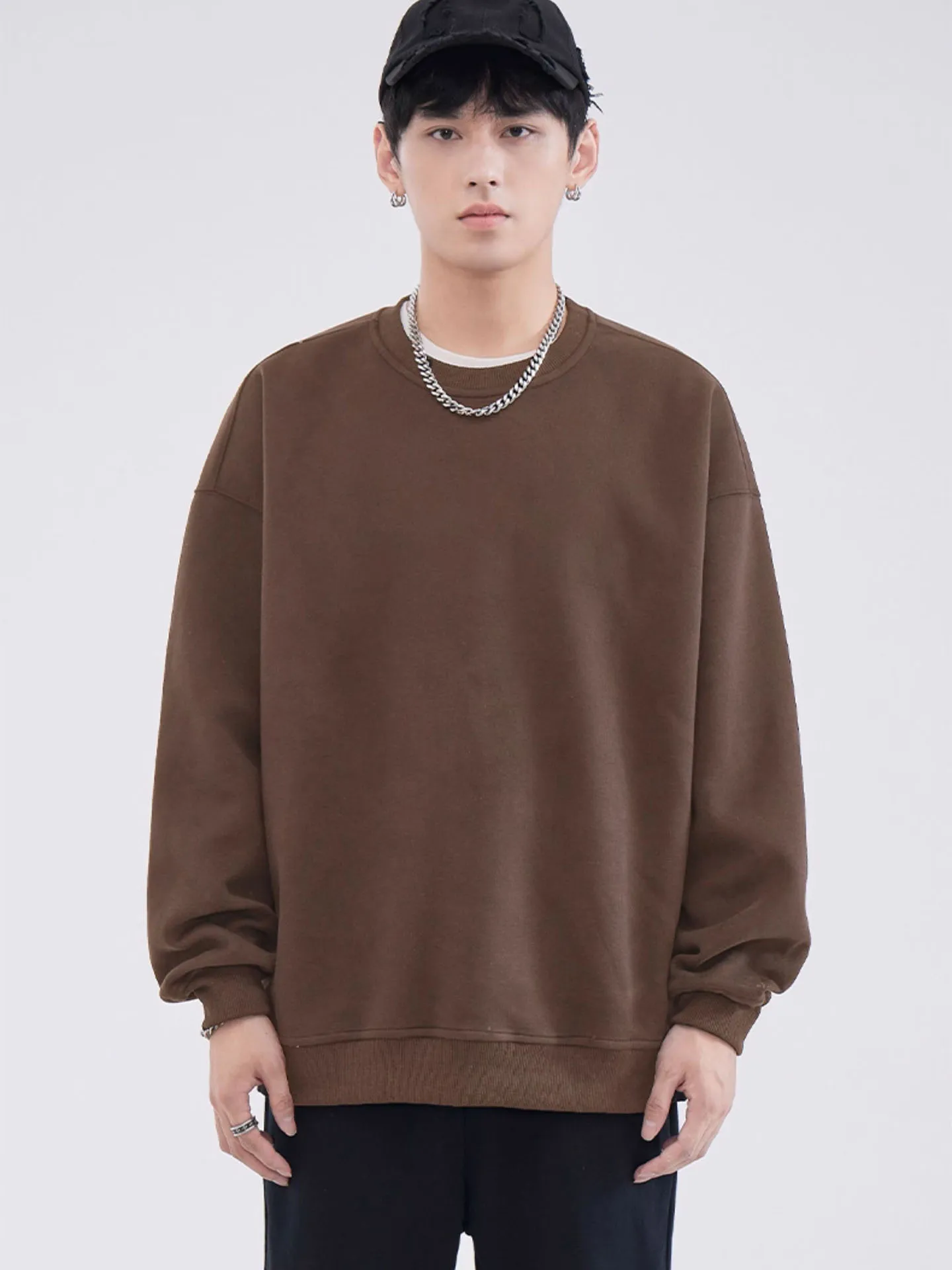 

Mocha Brown Fce Lined Oversized Thiened Sweatirt Men's Autumn Winter Warm Loose Top Women's Outerwear Couple's Jaet