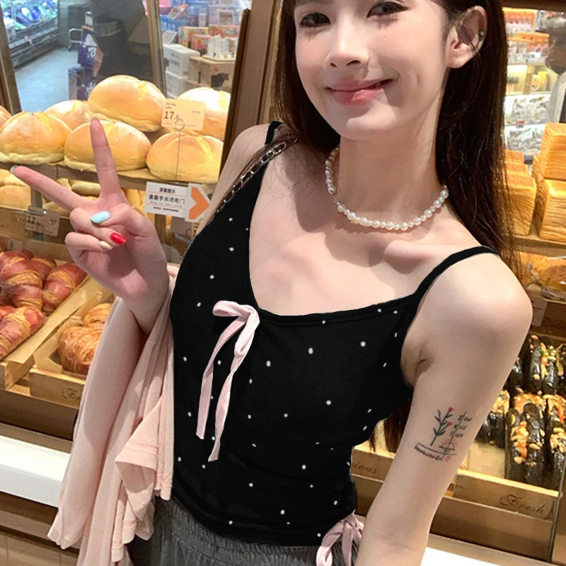 قميص قصير صيفي لطيف على الموضة على شكل فيونكة منقط ورقبة على شكل حرف V وخصر برباط للنساء #5