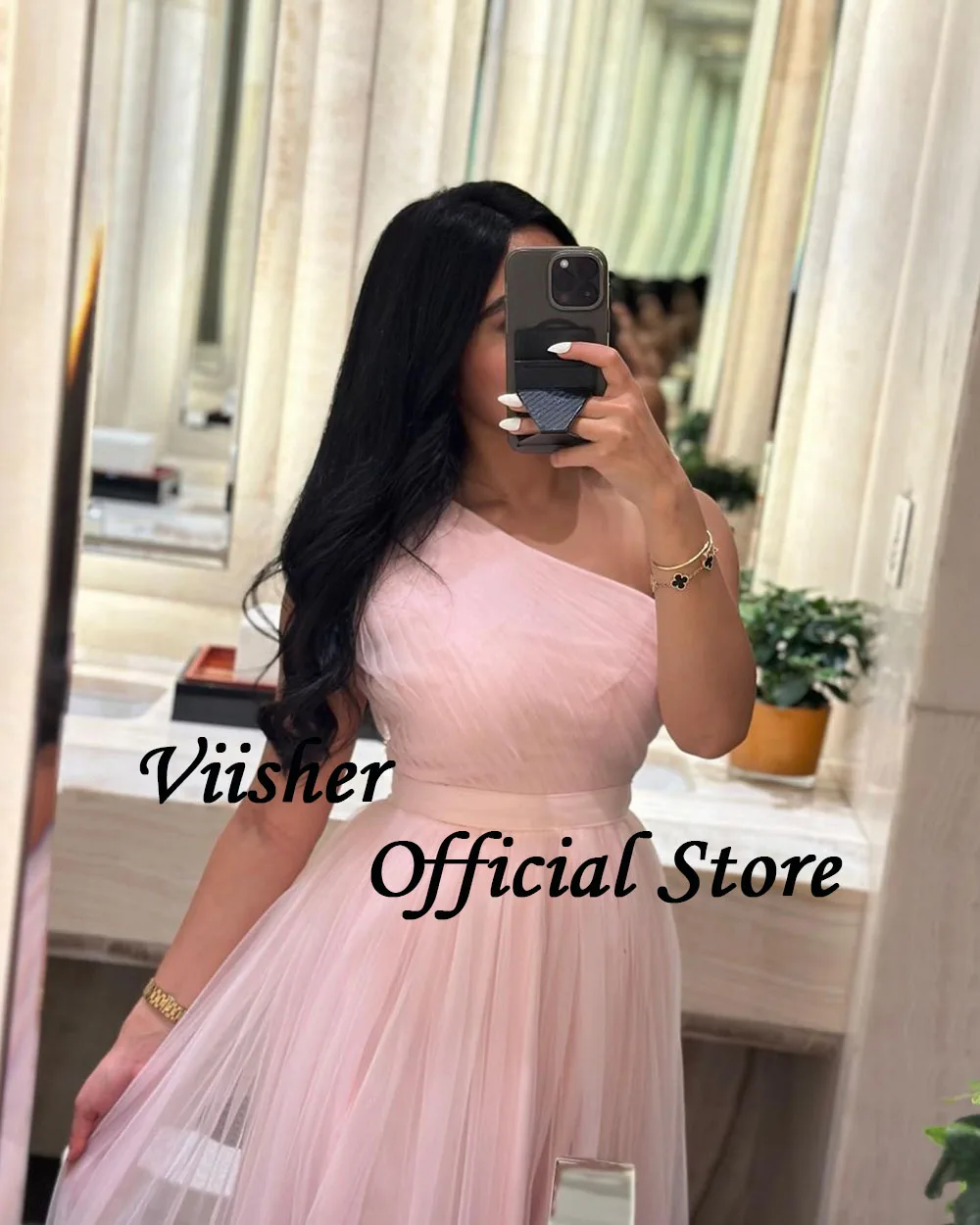 Viisher Pink Tulle One Shoulder Evening Dresses for Women A Line Long Formal Prom Dress Dubai Celebrate Event Gowns