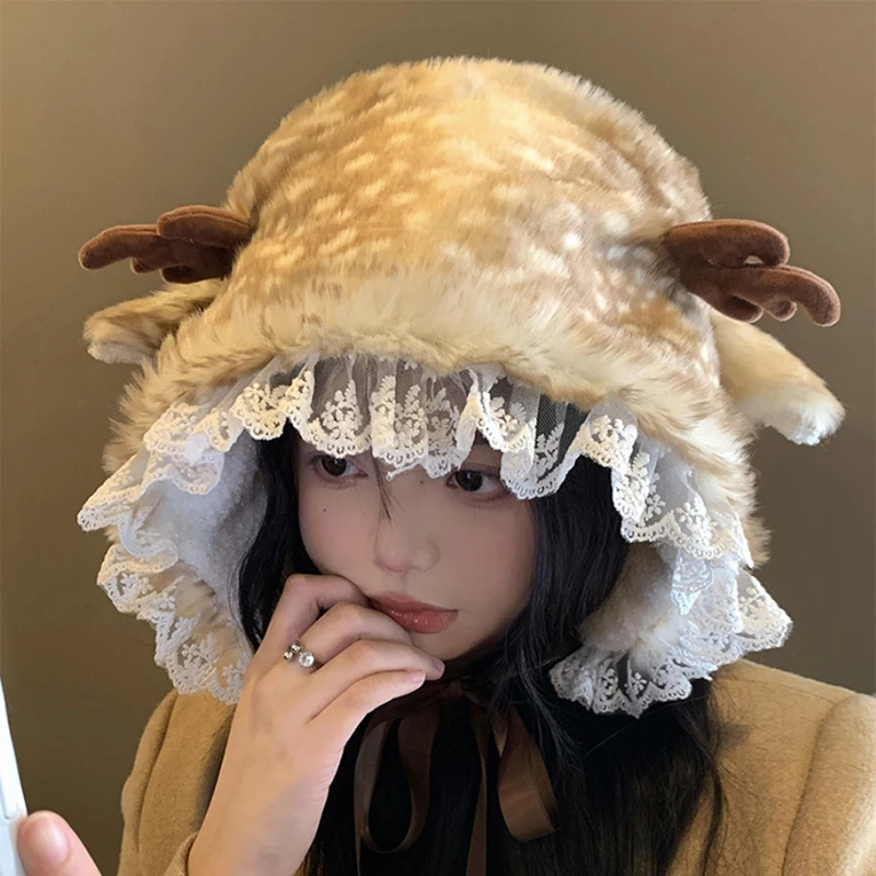 Christmas Deer Plush Pullover Hats Women Sweet Girls Plus Velvet Strap Caps Winter Cute Antler Warm Ear Protection Headband 2024