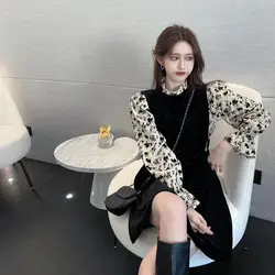 New French Retro Hepburn Style Base Long Sleeved Floral Patchwork Black Velvet Dress for Women