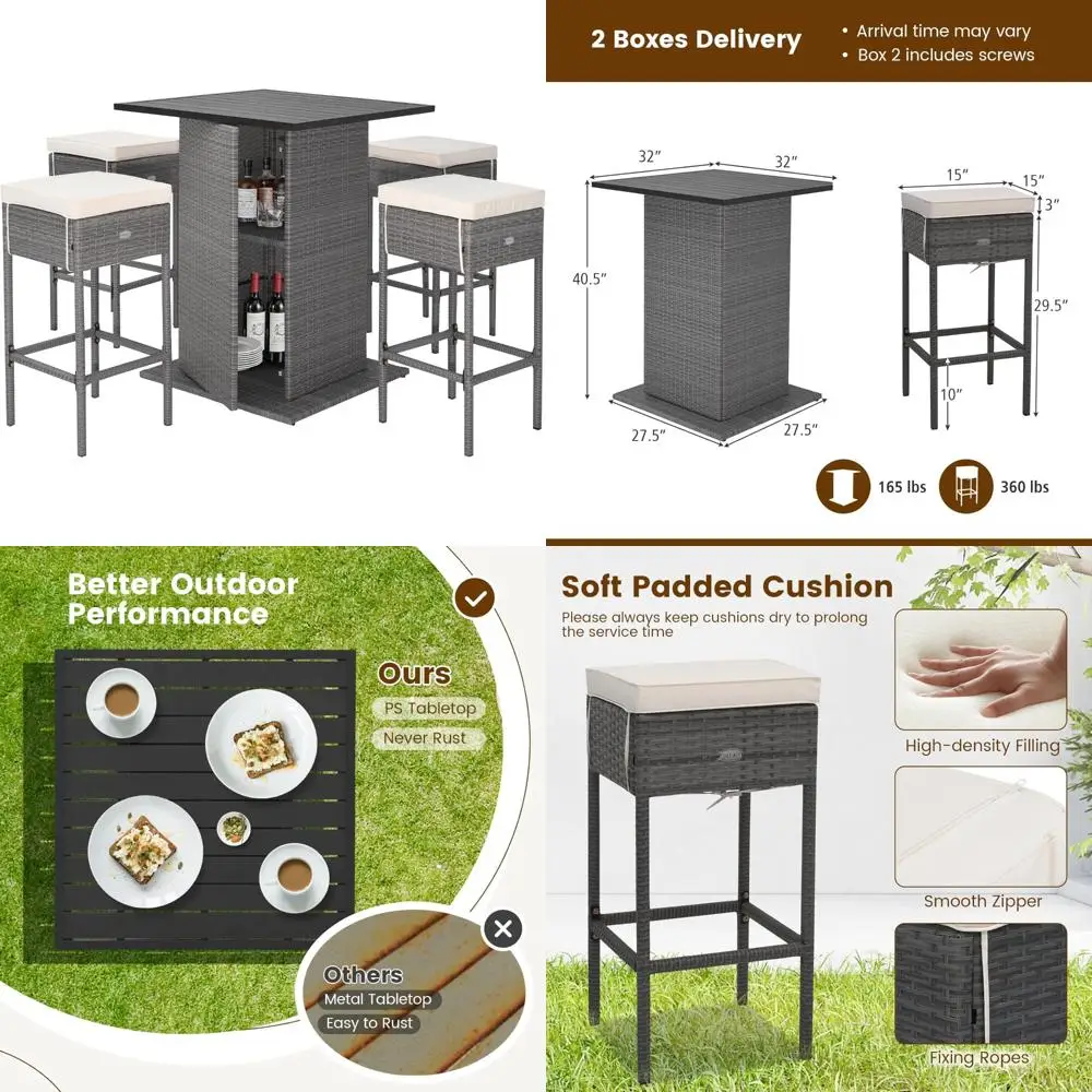 Set Bar Luar Ruangan dengan Rotan Anyaman, 4 Kursi Bar Empuk, dan Meja dengan Penyimpanan Tersembunyi untuk 5 Orang