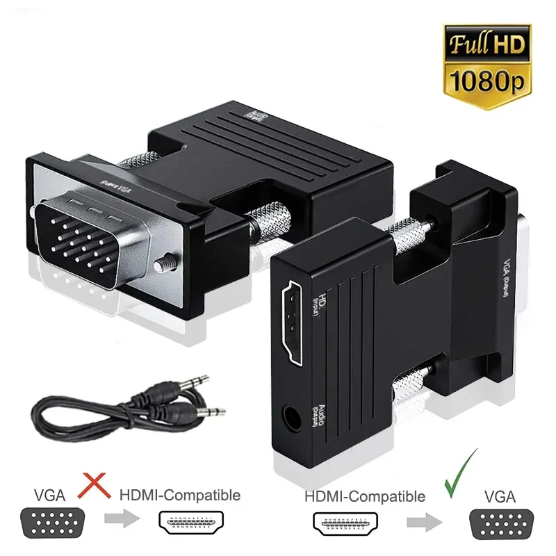 Full HD 1080P HDMI-compatible to VGA Converter with Audio Adapter Female to Male Converter for PC Laptop TV Monitor Projector