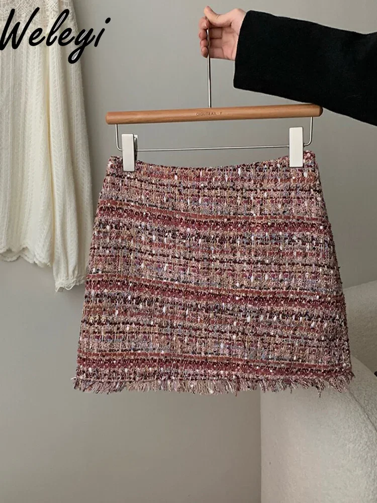 Elegant Ladies Woven Fringed Tweed Mini Skirt 2024 Fall and Winter New Temperament Hgh Waist Bright Silk Short Hip Skirts Women