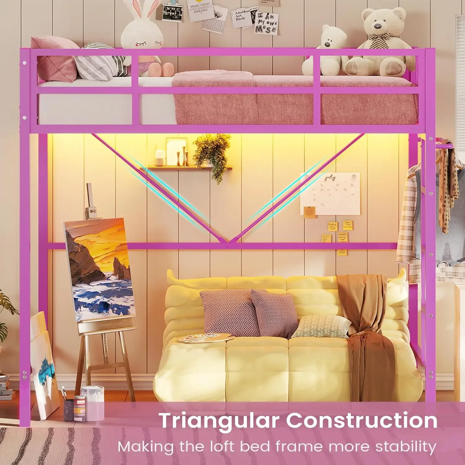 [High-Quality, Hot Deal!]Twin Pink Loft Bed with LED Lights, Loft Bed Twin Size with Full-Length Guardrail &Clothes Rack, Heavy