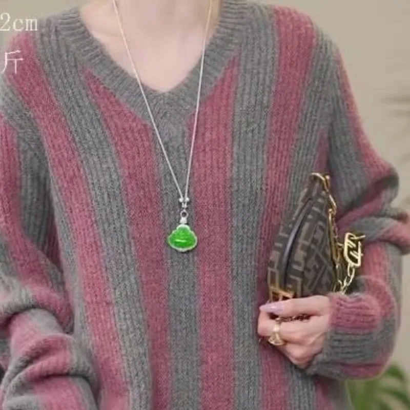 Women's Autumn and Winter New Fashion Elegant Contrast Color Pullover Stripe Long Sleeve Loose Relaxed Commuter Sweater Tops