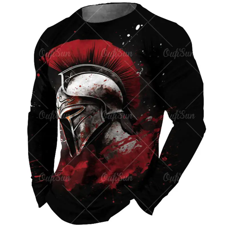 Spartan Tees Long Sleeved Black T-Shirt For Men 3d Print Shirts Spartan Graphics Men\'S Clothing Vintage Tops Casual Streetwear