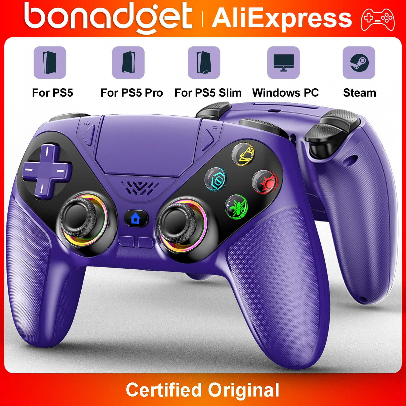Controller für Playstation 5/PS5/PC, RGB Wireless Gamepads, 6-Achsen-Gyro, Dual-Vibration, Turbo/Marco-Programm, Game-Joystick-Steuerung