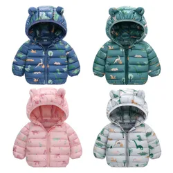 Lightweight Down Jacket Kids Boy Girl Baby Blue Cartoon Dinosaur Zipper Hooded Coats Autumn Winter Christmas Outerwear 1-5 Years