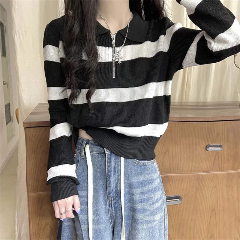 Women Clothing Fashion Striped Long Sleeve Knit Pullovers Autumn Winter New Chic Turn-down Collar Zipper Sweaters All-match Tops