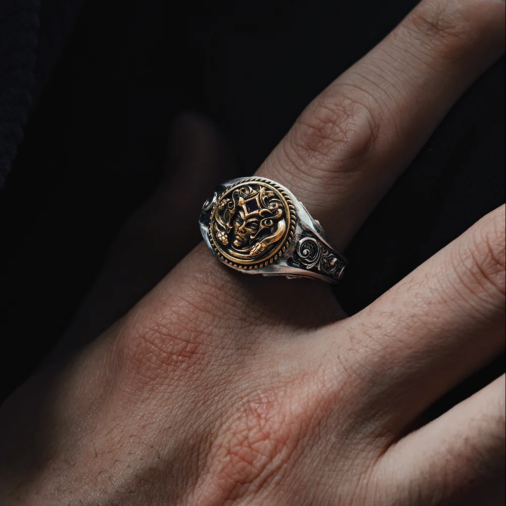 COPPERTIST.WU Medusa Signet Ring Mythological Greek Goddess Ring Brass&925 Sterling Silver Jewelry Gift for Women Men