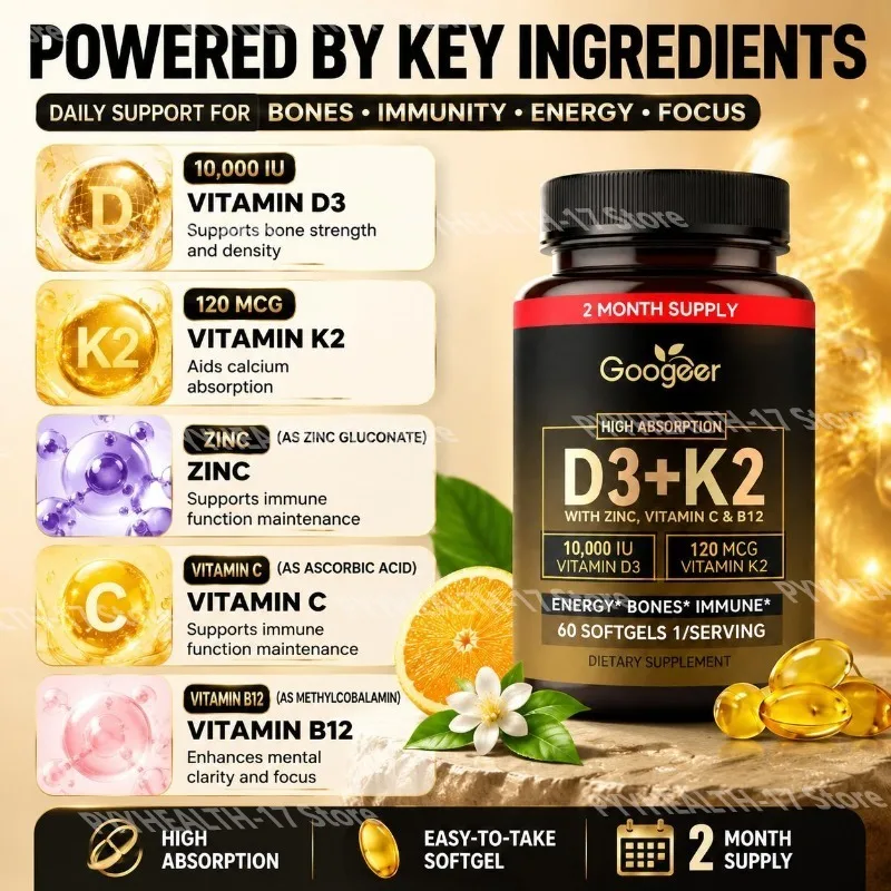 Vitamin D3 K2 Softgels 10,000 IU D3 & 120 mcg K2 with Zinc, Vitamin C & B12 for Bone Strength, Immune & Energy Support, 60 Count