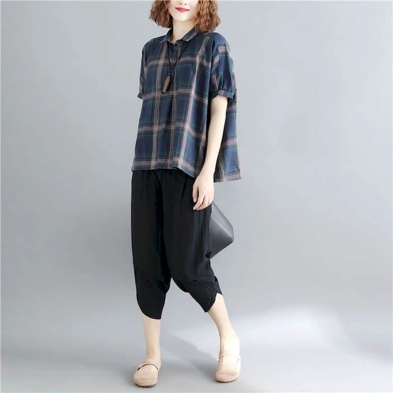 Baumwolle Leinen hemden für Frauen Vintage Plaid Halbarm Pullover Hemden lose lässige koreanische Stil Polo-Ausschnitt Bluse Frauen Tops