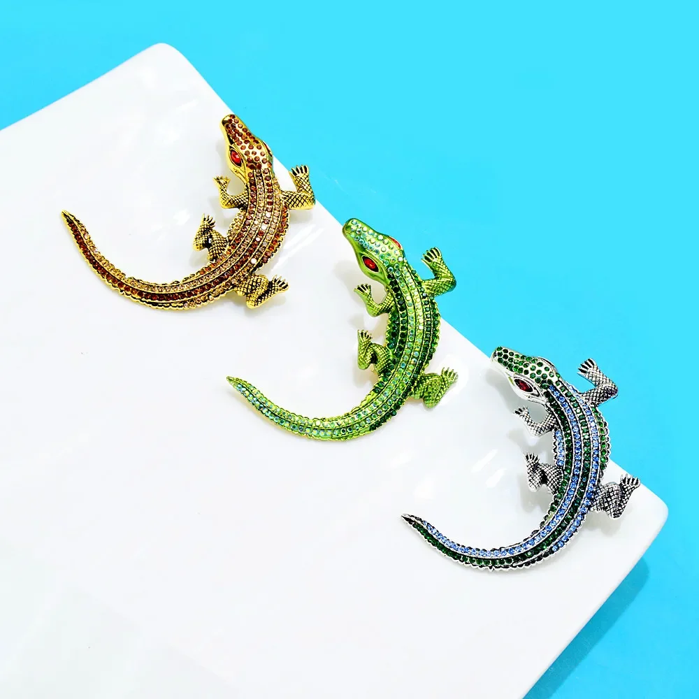 Blucome 2023 New Rhinestone Crocodile Brooch Fashion Small Animal Brooch Retro Large Brooch 3 Colors
