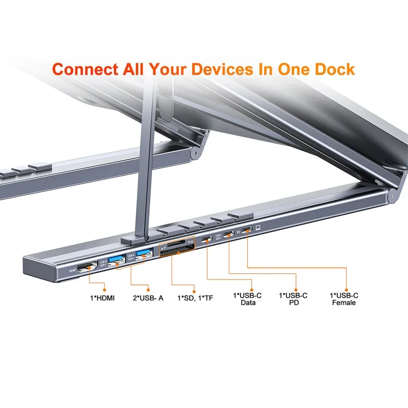

Aluminum Alloy Bracket Docking Station 8-in-1 Laptop Stand Foldable and Liftable USB C Dock Tablet Stand Type-C Hubs Adapter