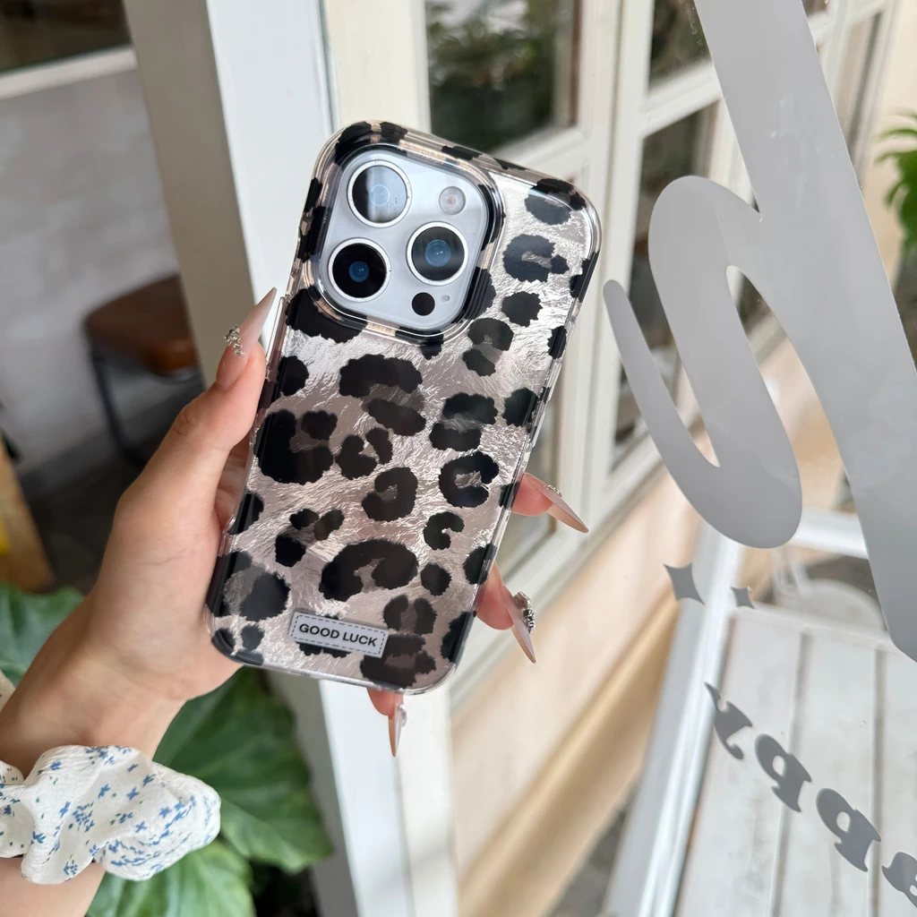 

Advanced Silver Black Grey Leopard Print Tin Foil Pattern Shockproof Protective Phone Cover Case for iPhone 17 16 15 14 Pro Max