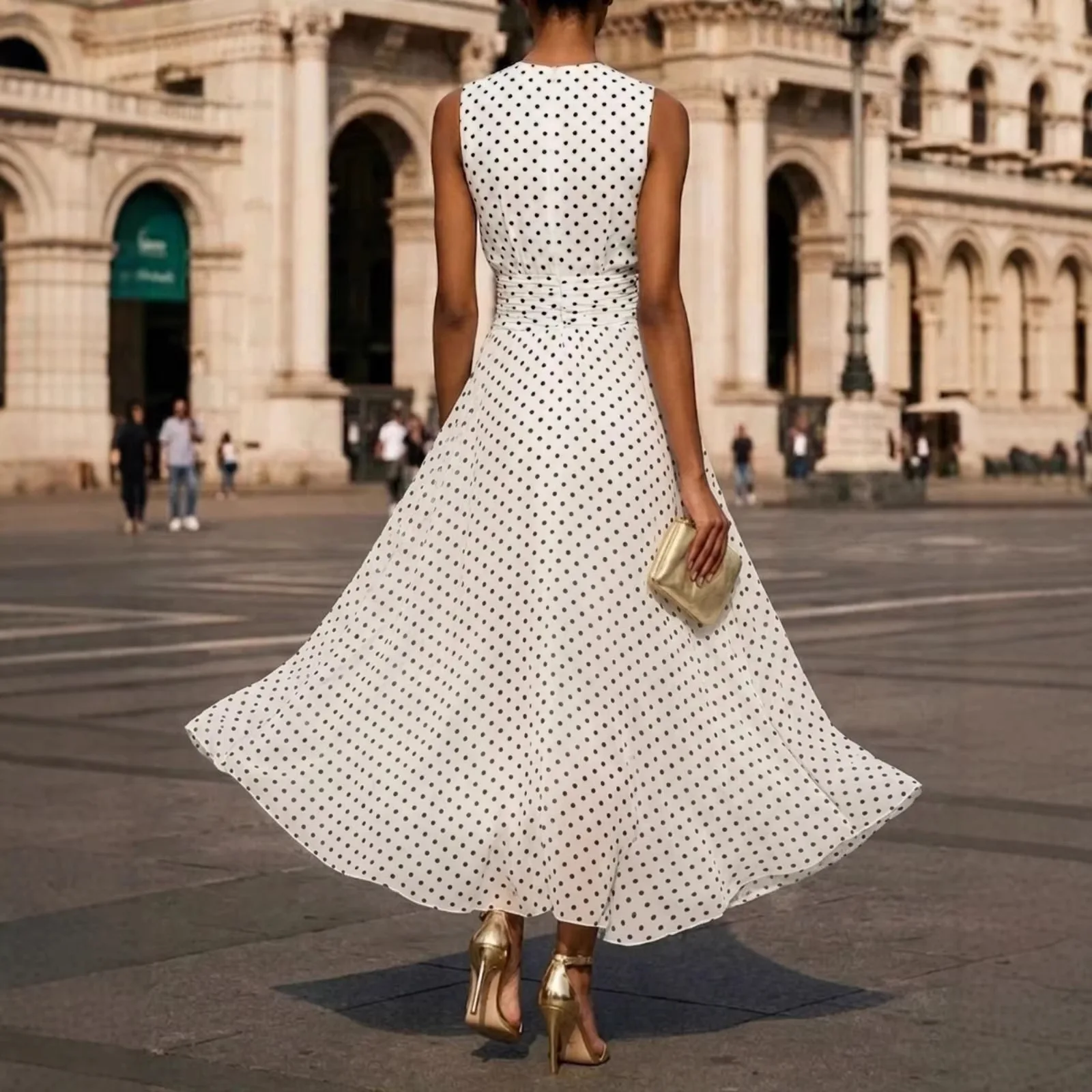 polka dot summer dresses Ellen Features elasticized shoulders and waistband for a comfortable Women's Polka Dot Maxi Ruffle