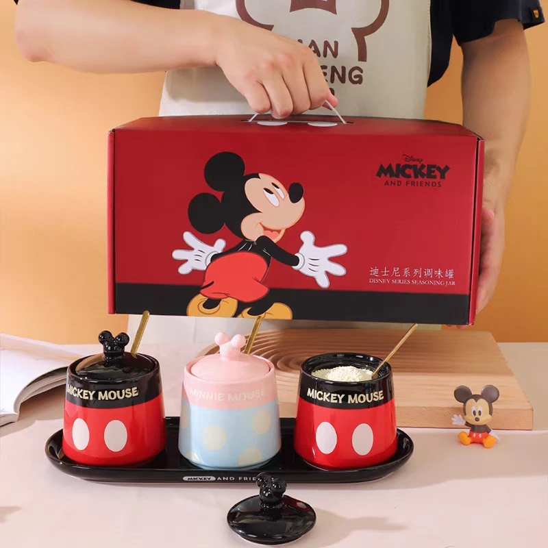 

Disney Mickey Seasoning Box Ceramic Seasoning Pot Set Salt Pot With Spoon Seasoning Pot Cartoon Kitchen Household Seasoning Box