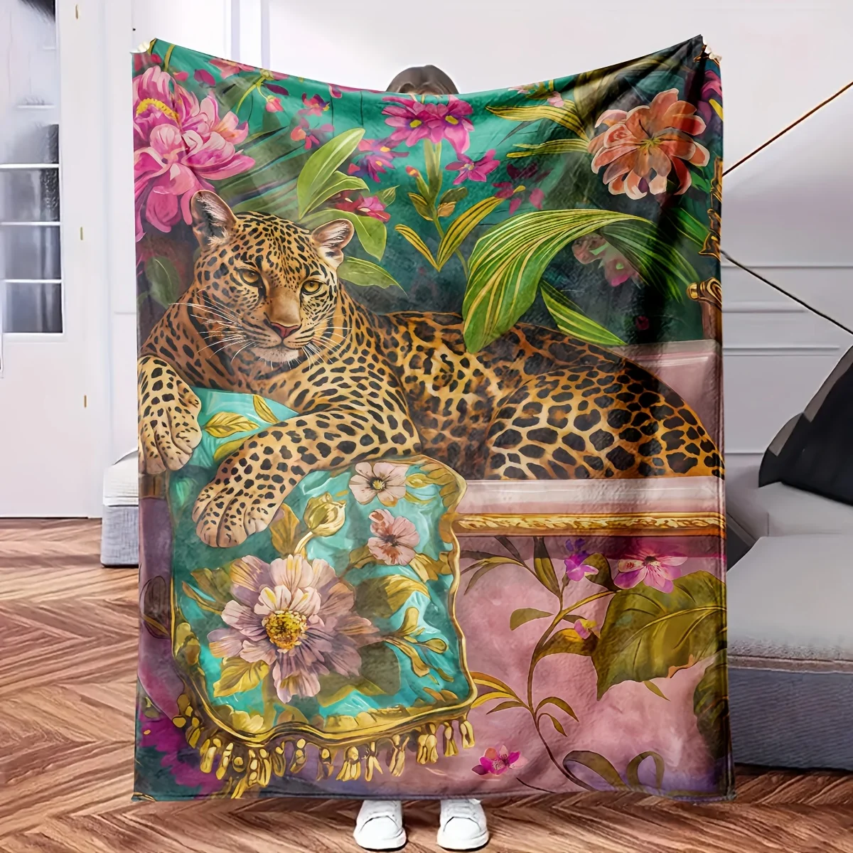 Luxurious Leopard Print Floral Tropical Jungle Throw Blanket Aesthetic Botanical Design Large Couch Decor 150x230cm