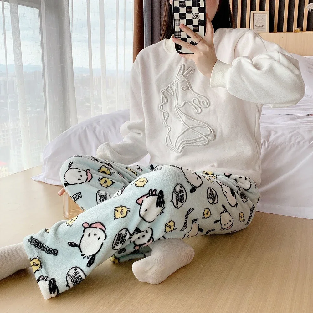 Kawaii Pochacco Frauen Plüsch Pyjama Hosen Sanrioed Anime Hallo Kitty Hosen Winter Plus Samt Warme Hosen Freizeit Home Fashion