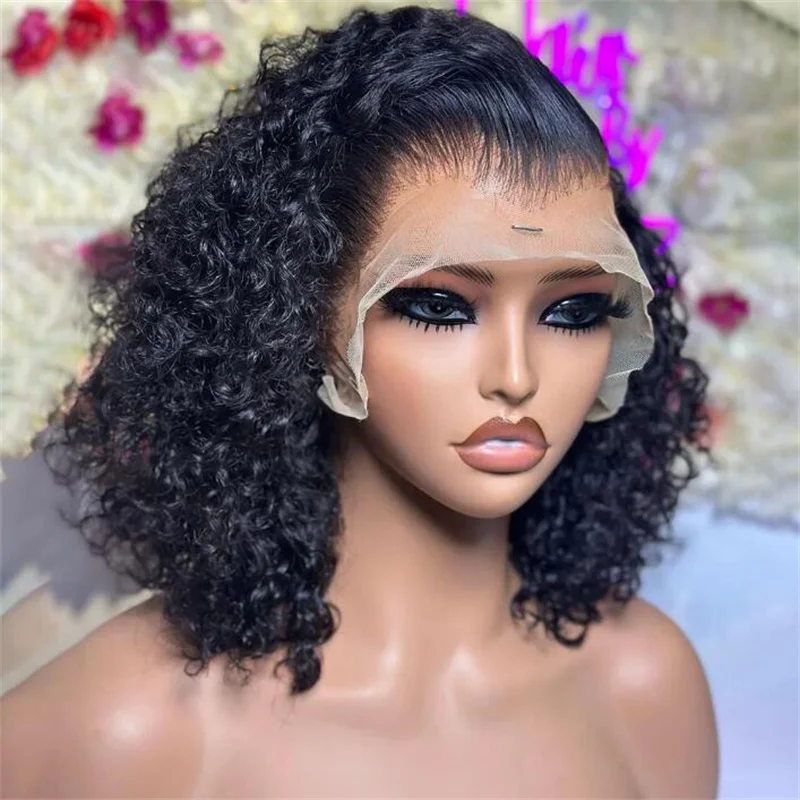 

14"Short Bob Black Color 180%Density Kinky Curly Lace Front Wigs For Women With Baby Hair Preplucked Daily Wear Glueless Wigs