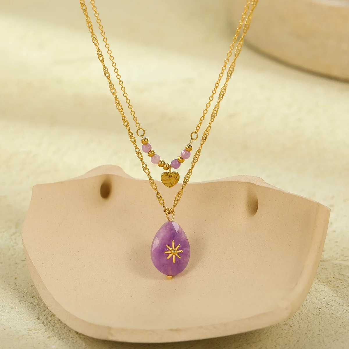 Vintage versatile high-end stainless steel purple natural stone eight-pointed star double-layer heart collarbone necklace