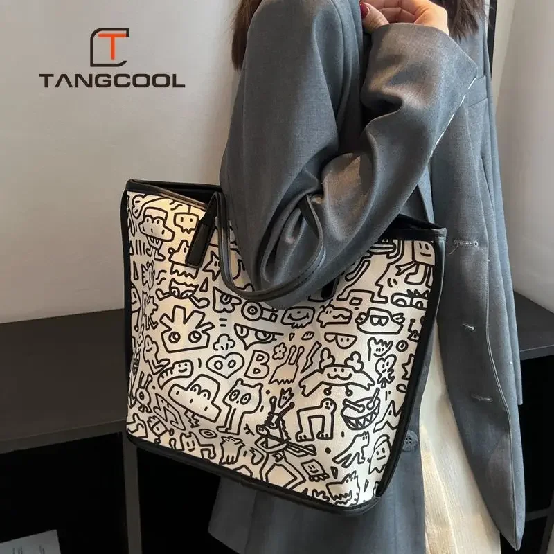 Bolso de lona con estampado de grafiti para mujer, bolsa de hombro de gran capacidad, creativa y divertida, combina con todo