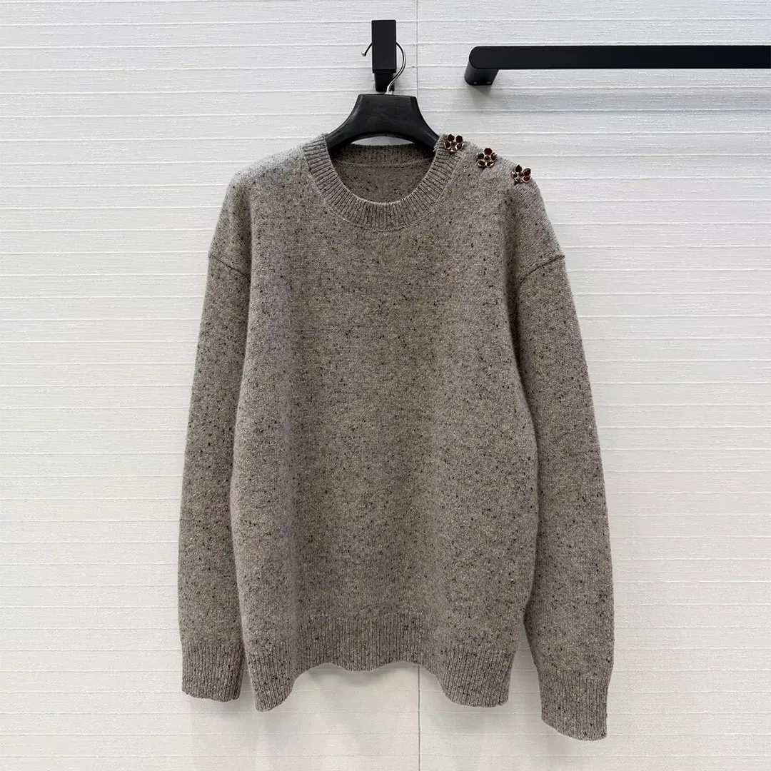 2026 Fall Winter Casual Loose Slate Gray Knitted Sweaters Women O-neck Flower Buttons Long Sleeve All-matched Jumper Pullover