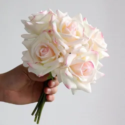 Ramo de rosas con bordes rizados de 5 cabezas, ramo de rosas de tacto Real hidratante, ramo de novia de boda, flores artificiales, decoración de eventos de fiesta en casa