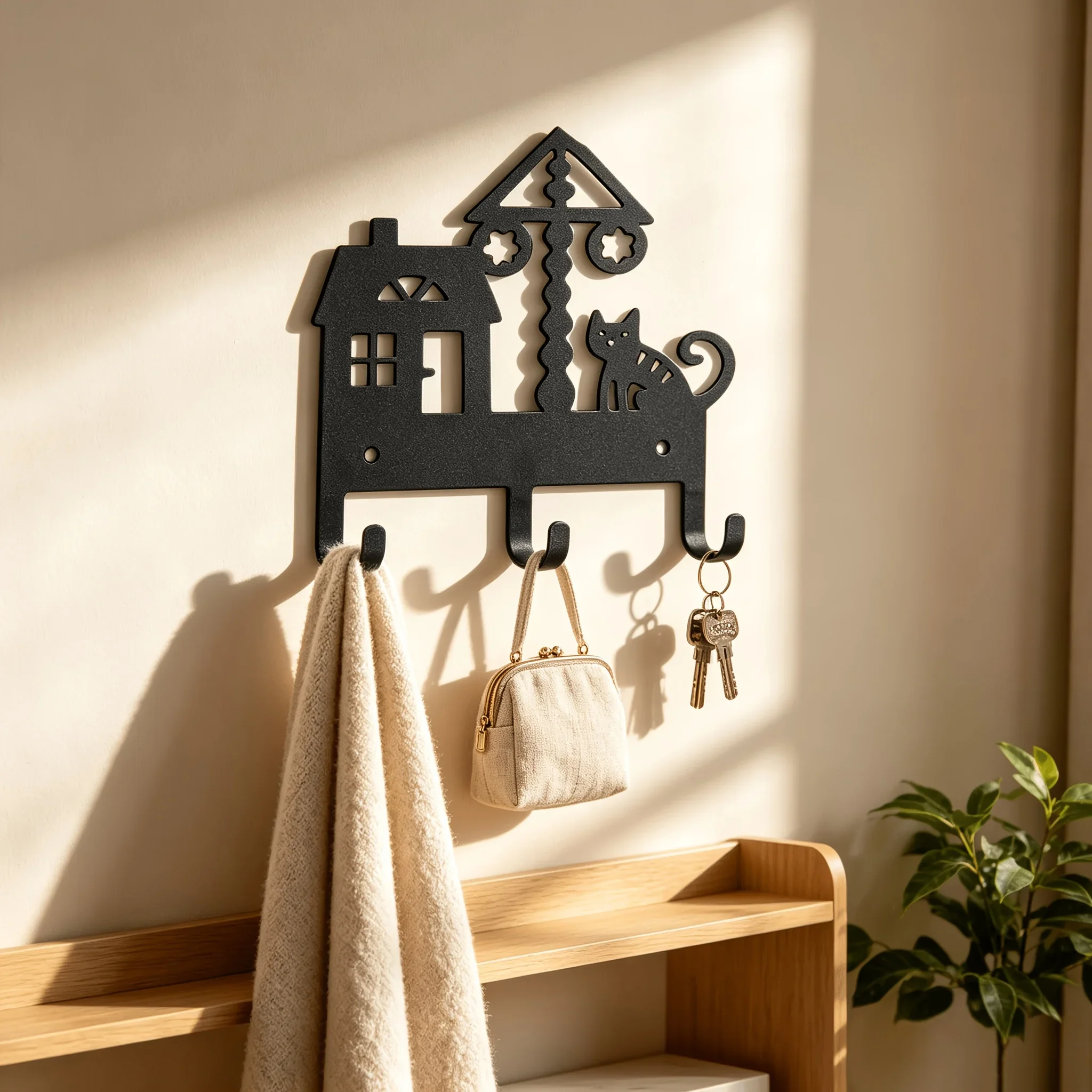 CIFBUY 1pc Black Iron Wall Hook Cat House Carousel Silhouette Decorative Key Rack 3 Hooks Entryway Hanger, Powder-Coated