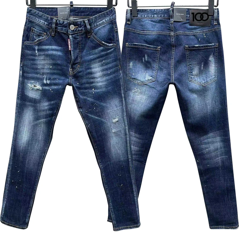 100 chareiharper c066 Men's jeans ripped fabric ground white patchwork paint splash vintage blue jeans c067  c068 c069