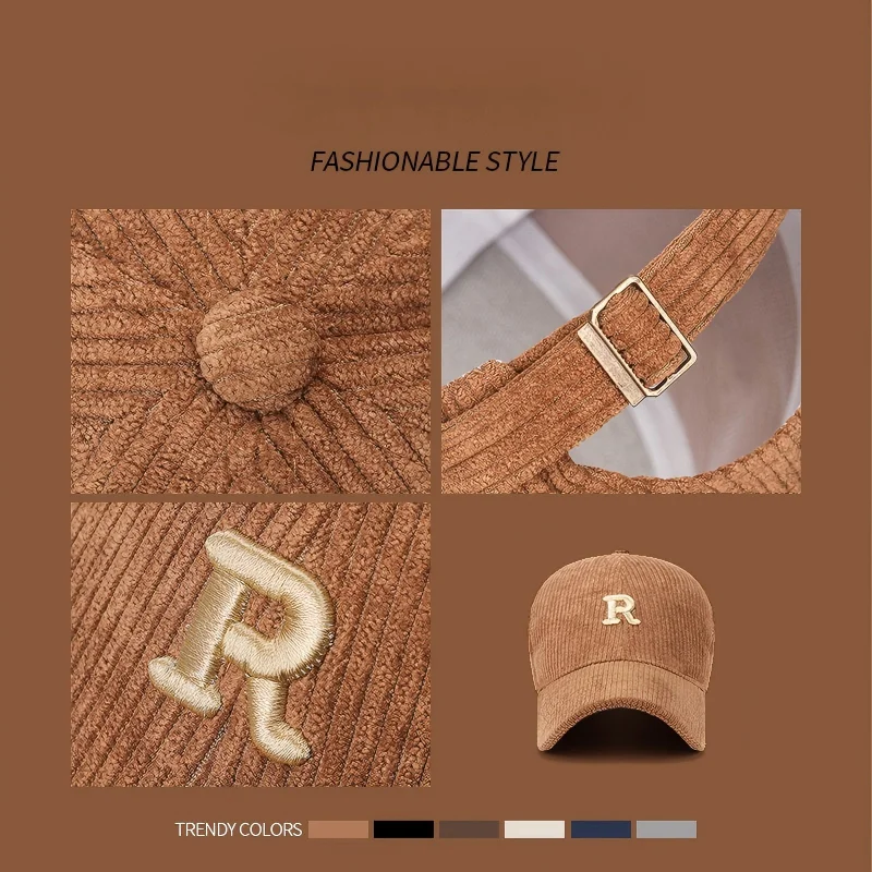 Autumn and Winter New Korean Version Simple Three-Dimensional Letter R Solid Color Striped Baseball Cap Fashionable Duckbill Cap