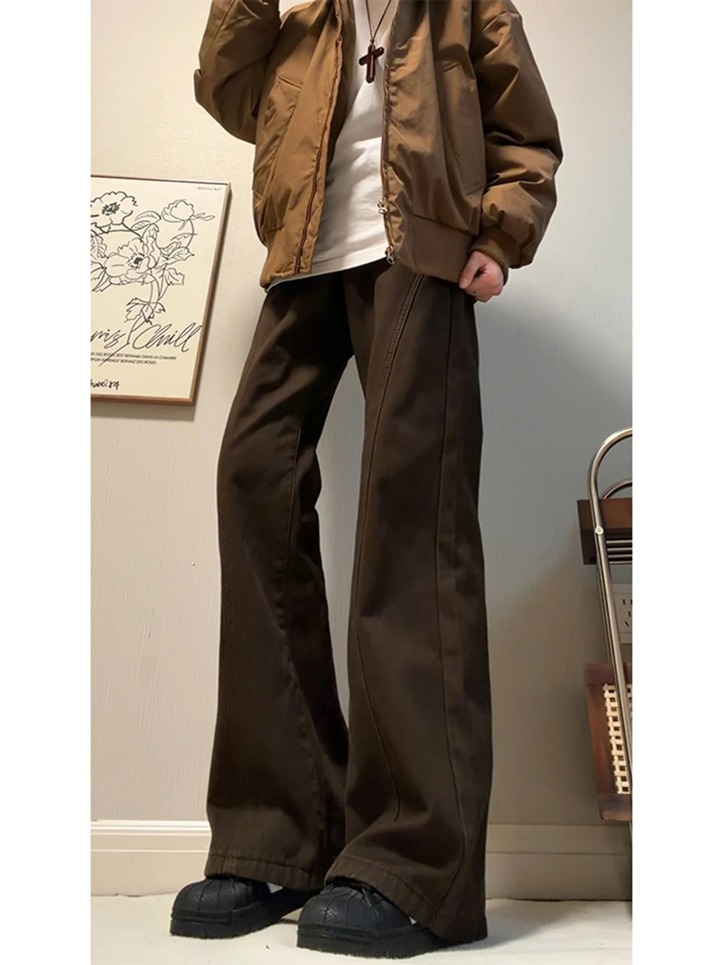Browny Coffee Men's Straight Leg Jeans Knife  High Street Style Winter Wear Resistant And Comfortable mid Waist Zipper Cl...