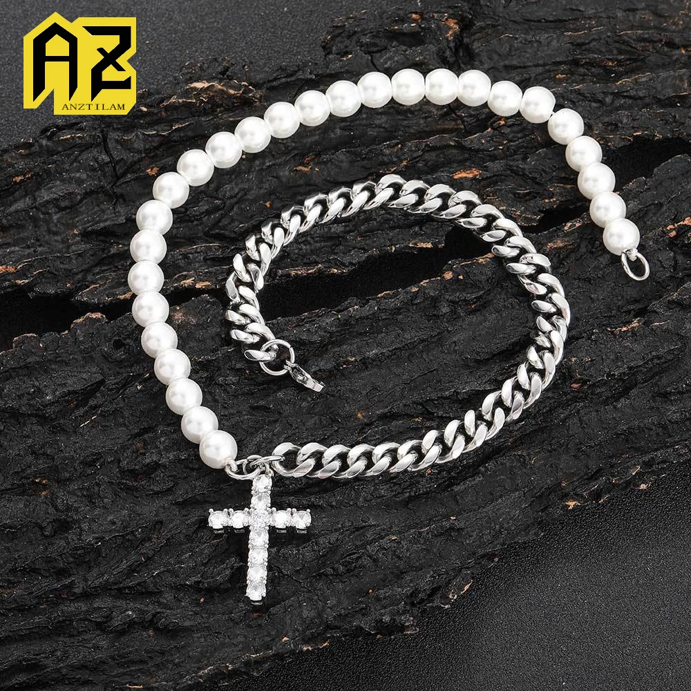 

Anztilam 8mm Pearl 316L Stainless Steel Link Chain Necklaces With Brass Cross Pendant For Women Men Chain Hip Hop Jewelry
