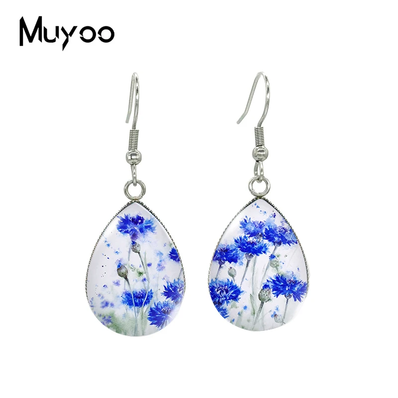 2023 New Wild Cornflowers Tear drop Earring Blue Cornflower Painting Fish hook Earrings Glass Cabochon Jewelry Handmade Items