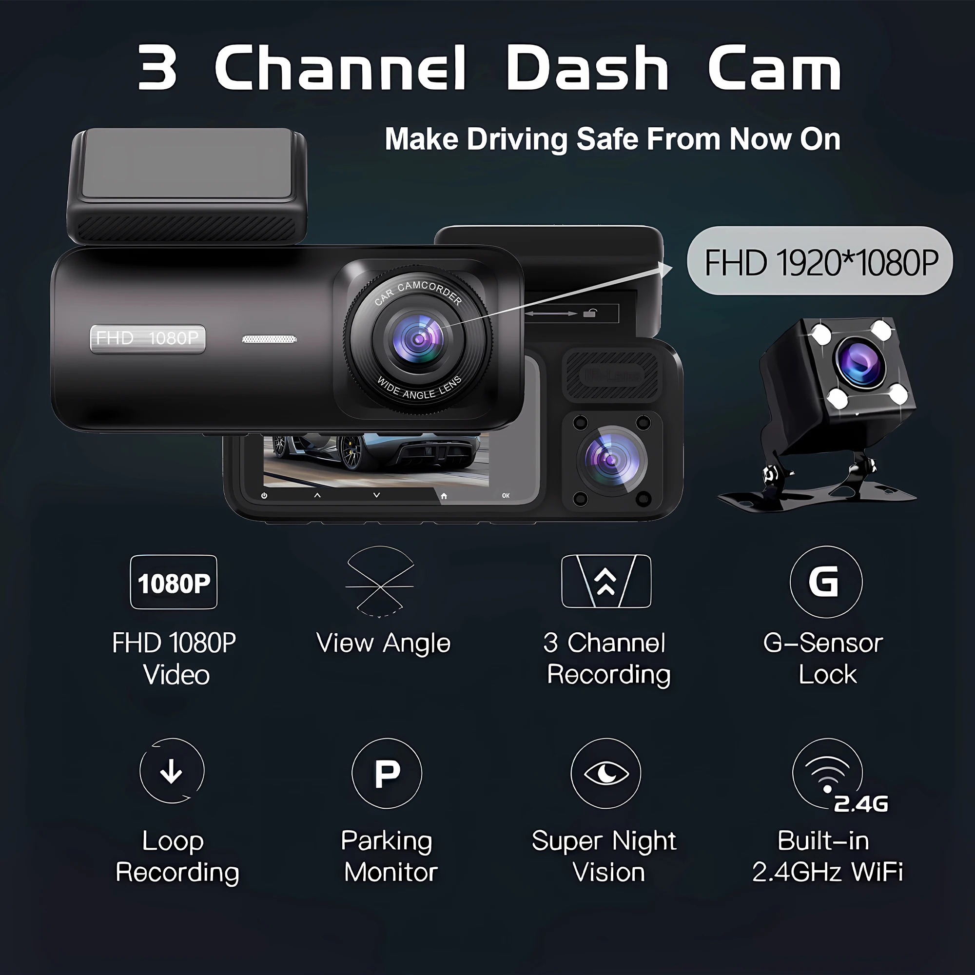 WIFI 3 Cameras Car Dash Cam FHD 1920*1080P Video Recorder 3 Channel Front Rear View Cabin Super Night Vision Black Box Mini DVR