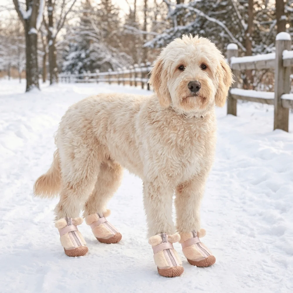 4 PCS/SET Plush Lined Winter Dog Snow Boots Comfortable Warm Anti-Slip Dog Shoes Thickened Soft Bottom Pet Paw Protection Hiking