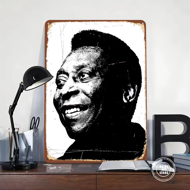 Pele Black and White Portrait Printed Poster Customized Wall Art Retro Vintage Metal Tin Signs for Home Setup Decorations Decor