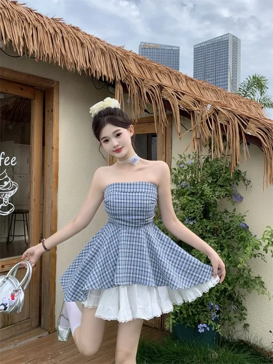 

plus Size Women's One Shoulder Tube Top Shirt Summer Slimming Chic Plaid Sleeveless Short Top Korean Style Commute Fashion